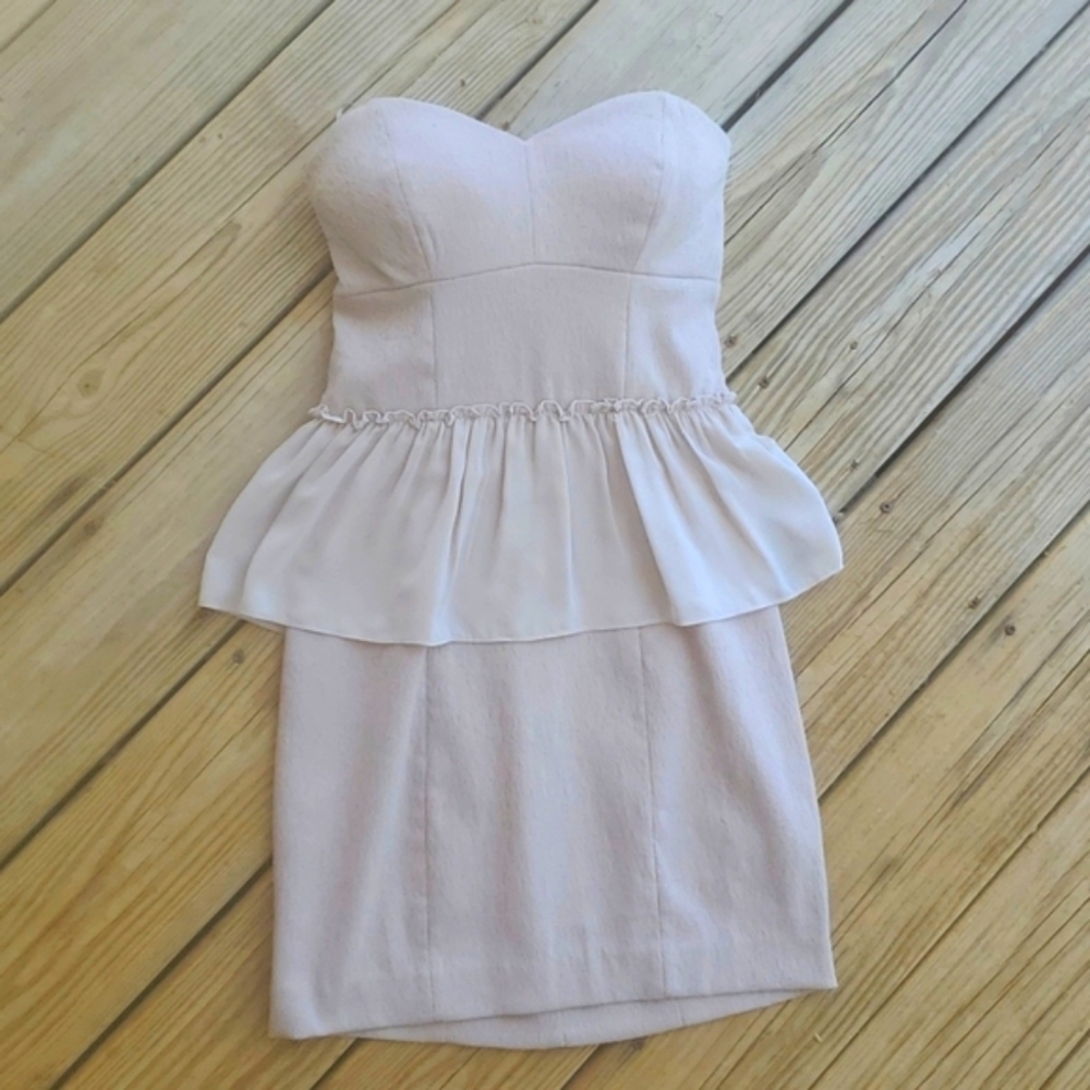 Guess Sweetheart Strapless Tan Dress with Peplum Detail